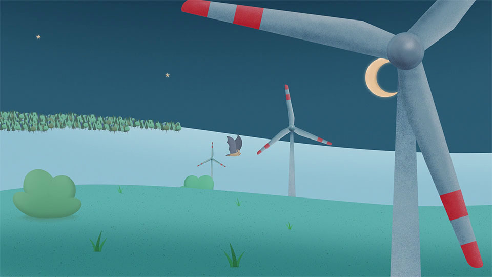 Ausschnitt aus der BUND & NABU BW Windenergie Animation - Fledermäuse fliegen neben Windrädern