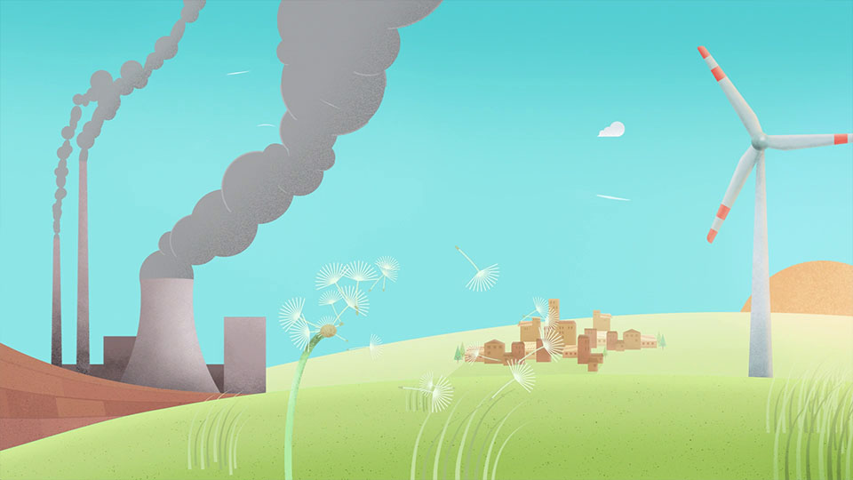 Ausschnitt aus der BUND & NABU BW Windenergie Animation - Qualmende Fabrik neben Windrädern